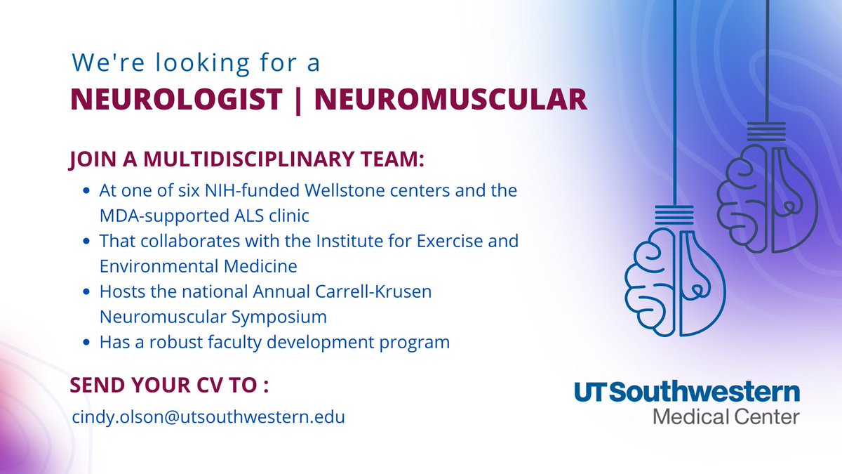 Join a vibrant group of 9 adult #neuromuscular faculty! The Department of Neurology at UTSW, ranked the No. 1 hospital in the Dallas-Fort Worth area by U.S. News and World Report, is looking for a neuromuscular neurologist.
bit.ly/46VZLNi