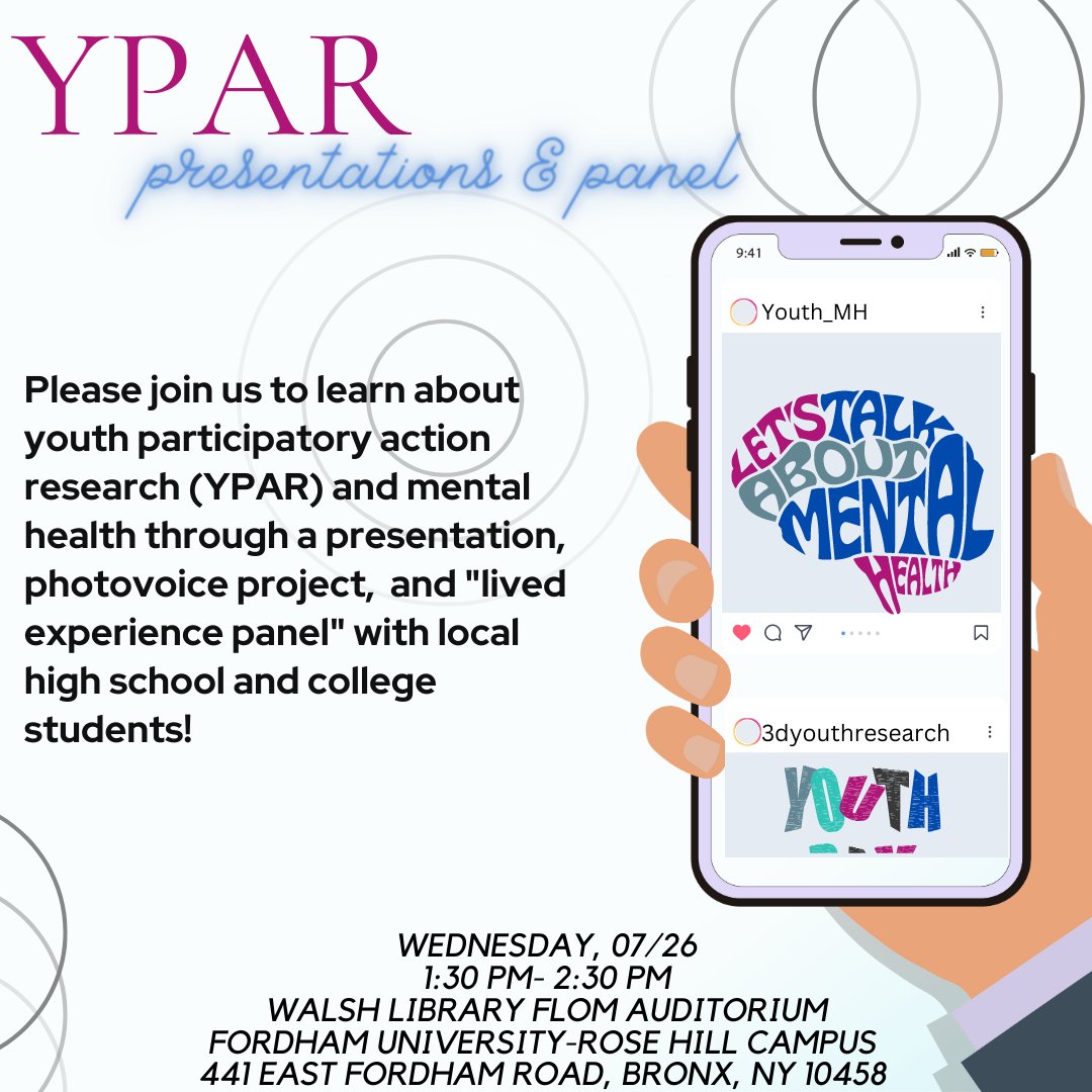 Please join us <a href="/FordhamNYC/">Fordham University</a>  on Wednesday, July 26th for a youth-led presentation and panel discussion on the mental health of high school and college students! Flom Auditorium is located on the basement level of the Walsh Family Library on the Rose Hill campus in the Bronx. #YPAR