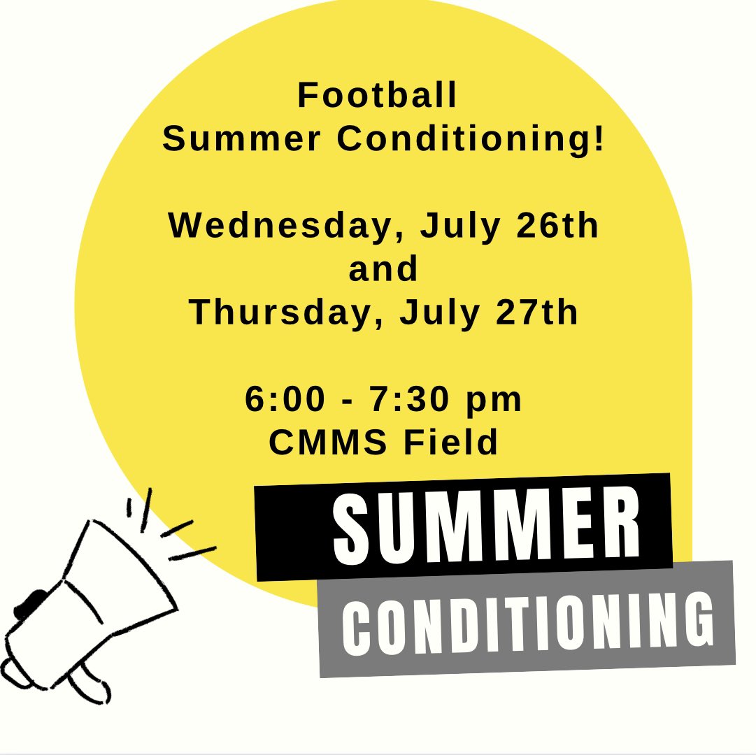 CSchannauer's tweet image. 🏈 Summer conditioning for all CMMS interested football players

W.7/26 &amp;amp; TH 7/27 6 - 7:30 pm @ CMMS

Athletic clothing, cleats (or sturdy sneakers), &amp;amp; a filled water bottle 

⚠️ Dragonfly registration must be 100% complete to participate

@CMMSCougars @CMMSPTA @CMMSAthletics