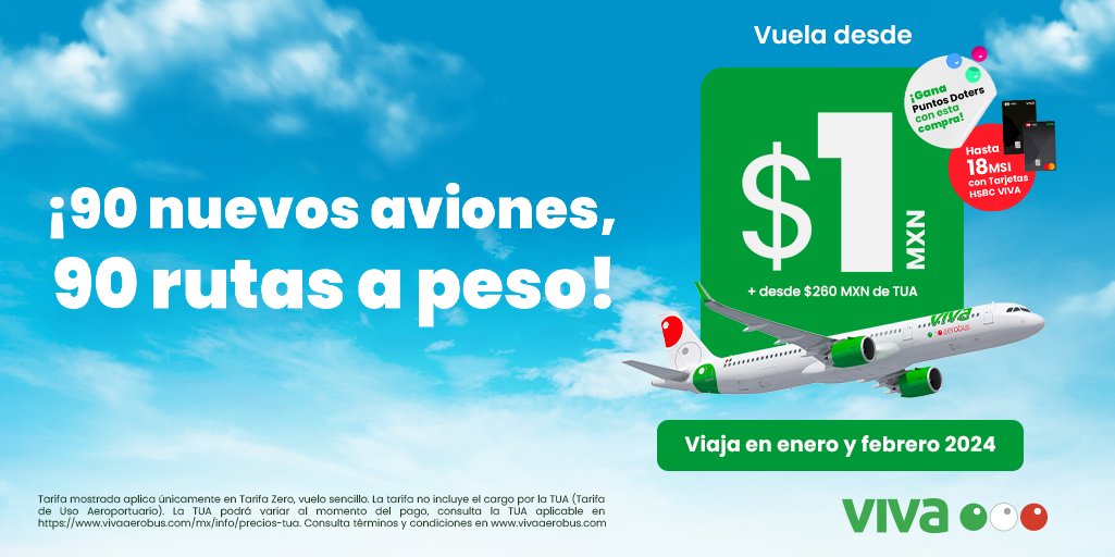 ¡90 rutas desde $1 peso! 🙌Celebramos la compra de 90 aviones nuevos ✈️ con una promoción exclusiva para ti. Reserva ahora 👉bit.ly/3QnyEoz #Viva90AvionesNuevos