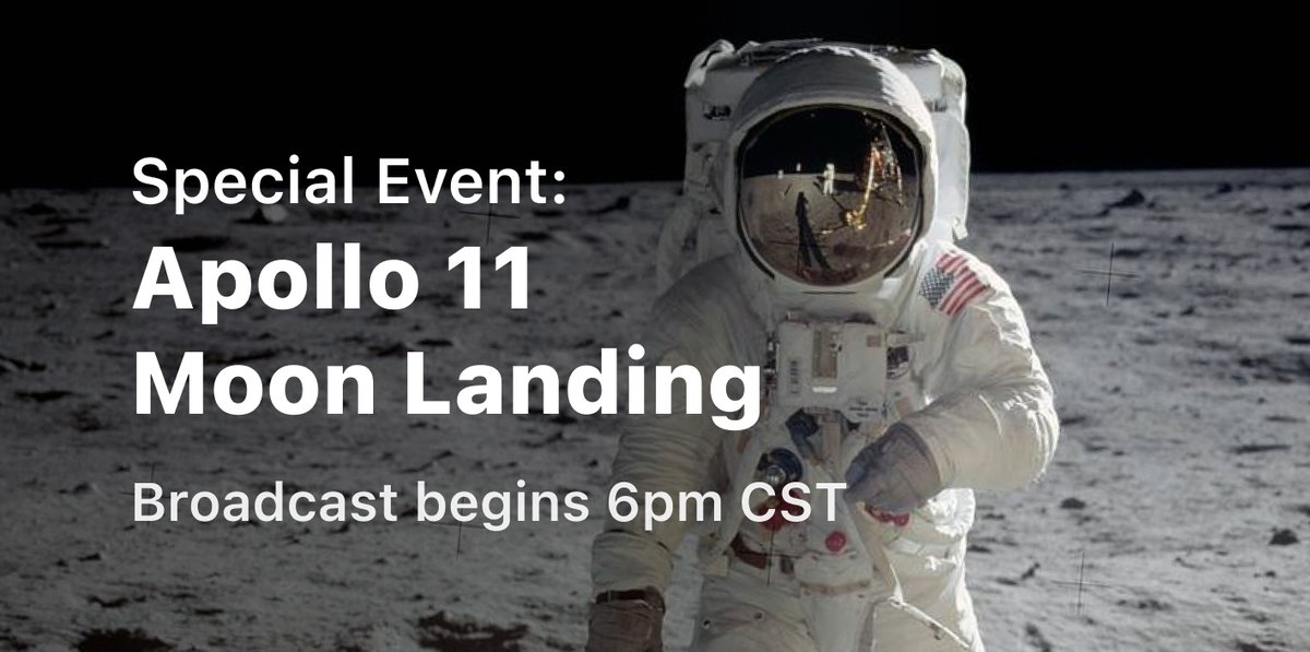 Join us this evening for a special event on @scannerradio as we relive the historic moon landing from 1969 when the Apollo 11 crew landed on the moon and took their first steps. Tap the link below to listen. The broadcast will start around 6pm CST. scannerradio.app/?l=Nzc5OTk