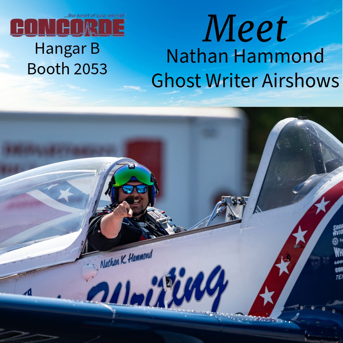 Visit Concorde in Hangar B, Booth 2053, to meet legends in Aviation and receive a free signed photo.
Nathan Hammond - Ghost Writer Airshows - Monday, July 24, 2023 @ 1:00 PM. #concordeBattery#love#Oshkosh#pilot @ghostwriter_airshows