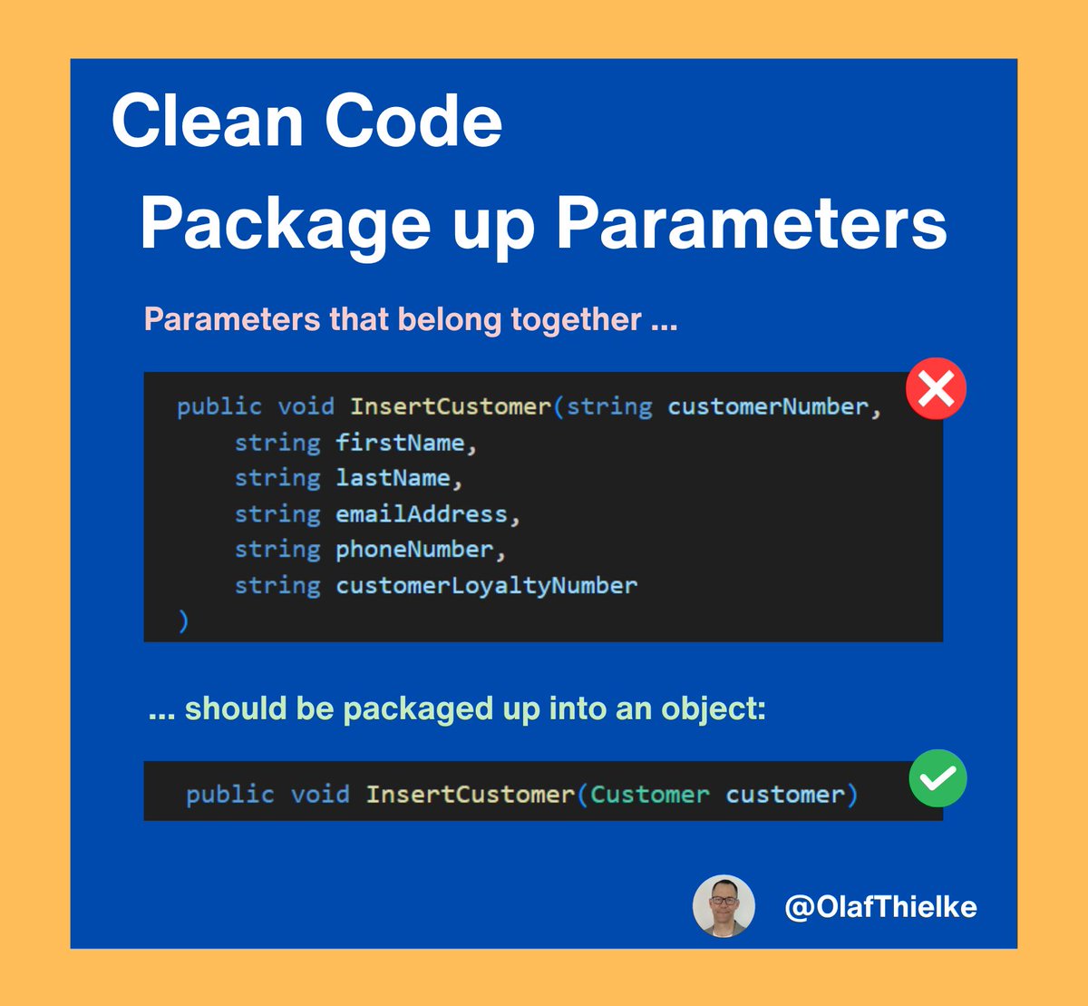 OlafCodeCoach's tweet image. #CleanCode is not about complexity. It&apos;s about simplicity.

Grouping function parameters that naturally belong together into objects can greatly improve the maintainability and readability of your code.

#CodingTips #ProgrammingBestPractices #Programming #SoftwareEngineering