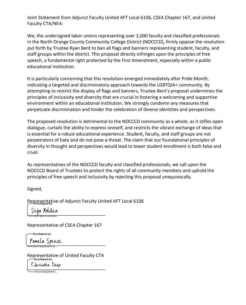 Joint statement to the <a href="/nocccd/">North Orange CCCD</a> Board of Trustees from Adjunct Faculty United, CSEA Chapter 167 &amp; United Faculty CTA/NEA opposing Trustee Bent's motion that would ban the Pride Flag. Labor stands in solidarity with our LGBTQ+ students, staff and community members!