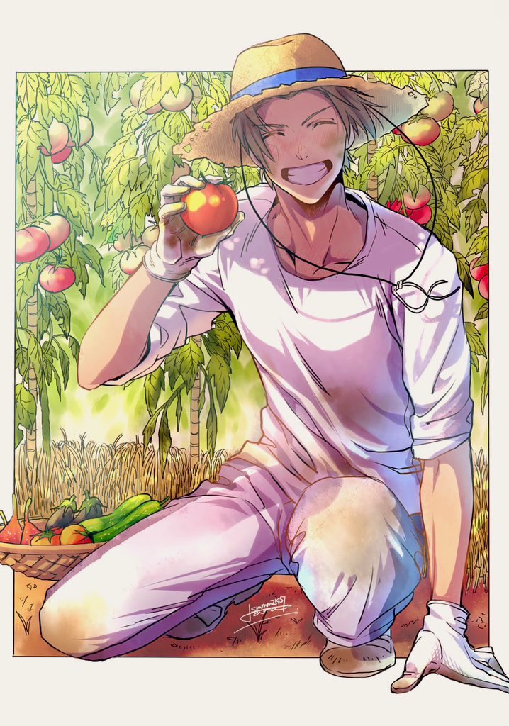 dirty clothes dirty tomato 1boy hat male focus gloves  illustration images