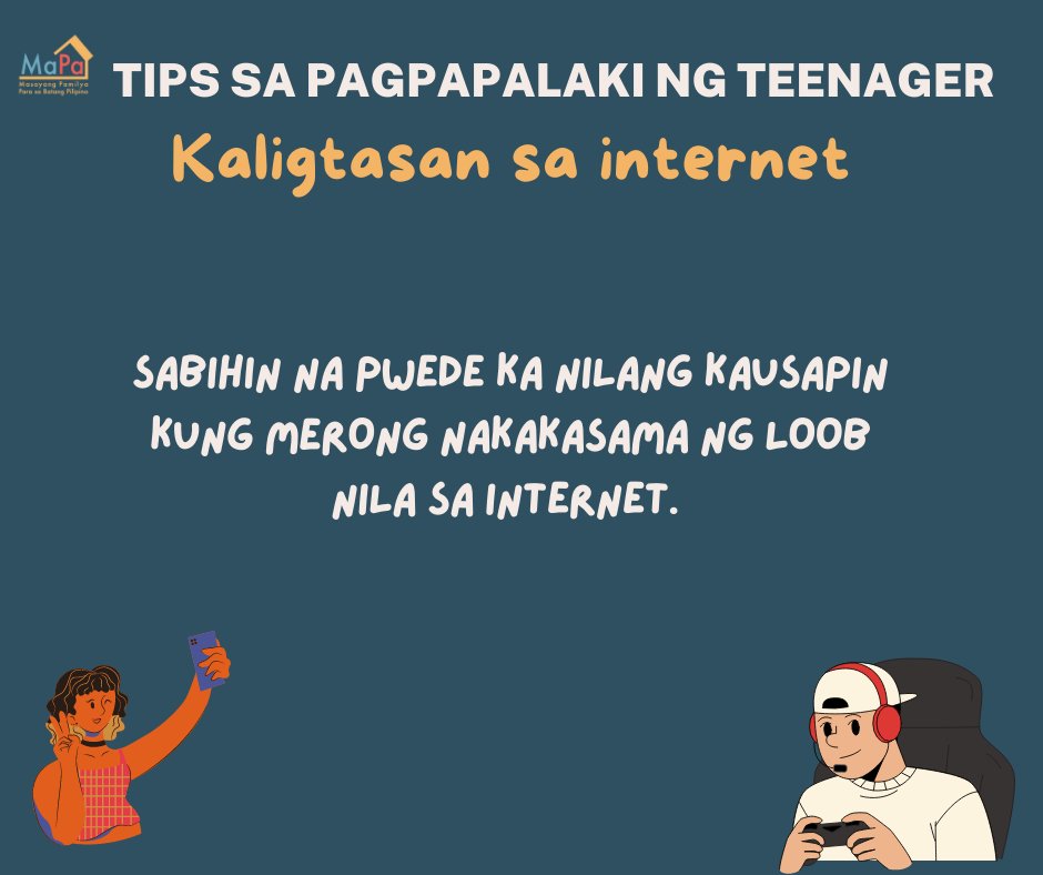 PLH_Philippines's tweet image. Kailangan nating pangalagaan ang ating anak o alagang teenagers kahit pa sa cyberspace. Ito po ang ilang tips para patnubayan sila sa paggamit ng internet at social media. #positiveparenting #MasayangPamilya #playfulparenting