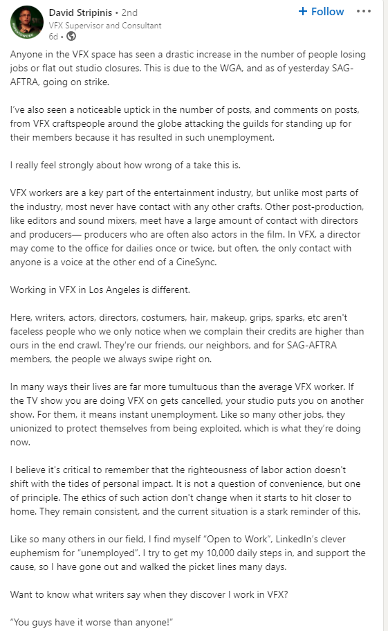 CorpoScum's tweet photo. Good post about how the #writersstrike effects the #VFX and #Animation #PostProduction #lighters, and  #compositors. https://t.co/g8xsRFqojE