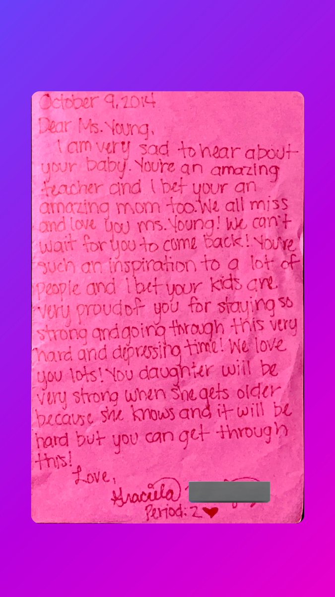 In 2014, one of my twins was stillborn. Last week I finally opened letters my students wrote me while on maternity leave. As I endure the rocky waves of divorce, this note reminded me: I need my students just as much as they need me. I found her on IG and thanked her. #grateful