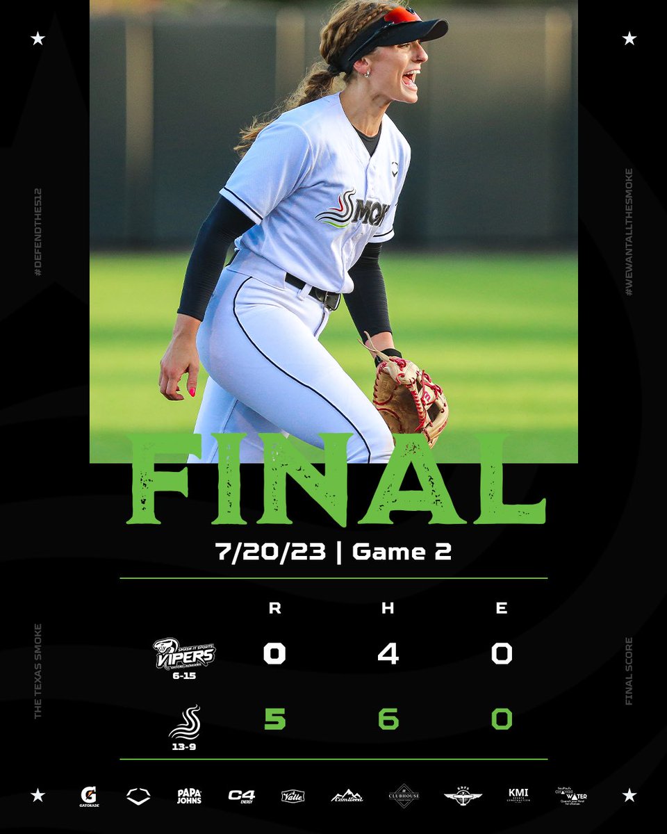 thetexassmoke's tweet photo. 5s all around tonight!!
5 runs on 5 hits in the 5th inning for the Smoke (ft. a bomb from Big Cinco)! 💣
AP threw yet another complete game, fanning 6 in 7.0 innings of work. 💎
#wewantthesmoke #defendthe512 #wpf #wprofastpitch #whowantdasmoke https://t.co/wx2dN9uRrB