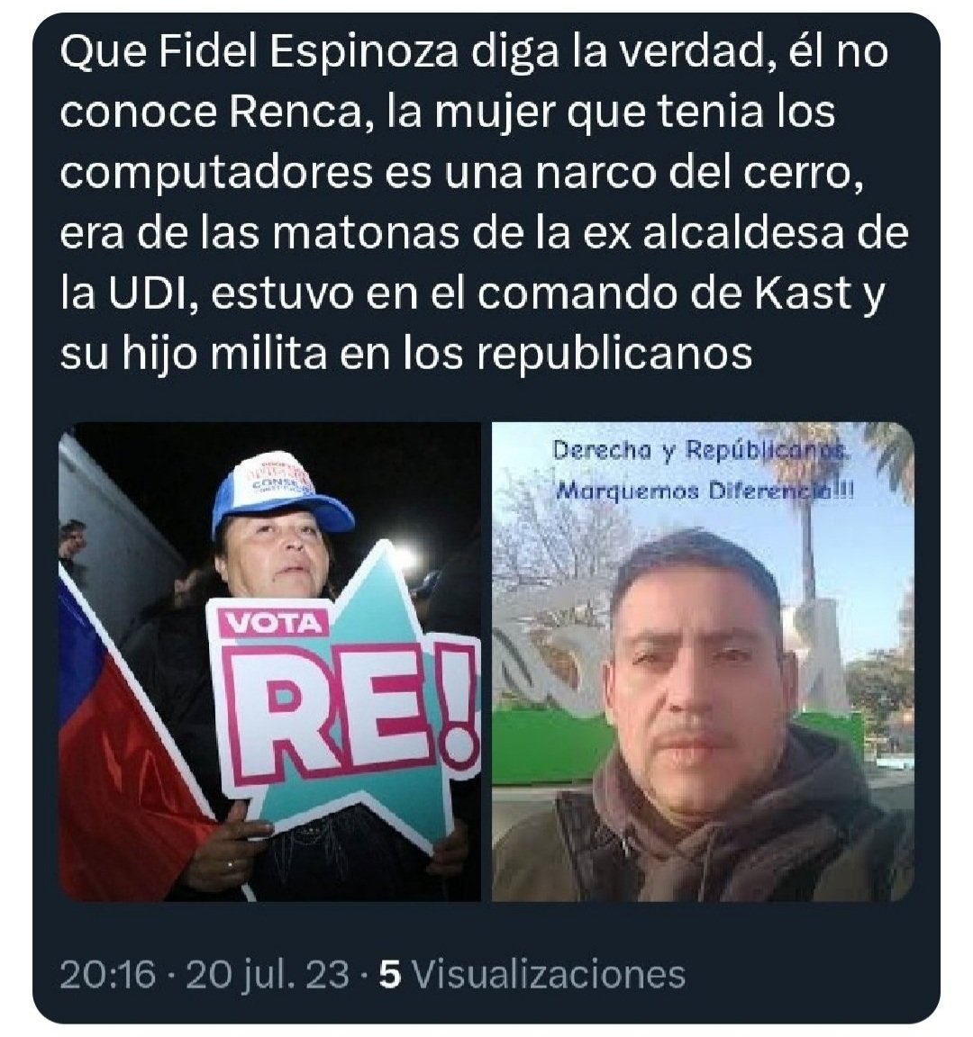 andres20ad's tweet photo. Así que la empresa de seguridad del Ministerio de Desarrollo Social fue contratada por Piñera y la mujer que tenía los computadores es una delincuente y narcotraficante que hizo campaña por Kast y el hijo es republicANO. Vaya, vaya. Esto huele a montaje político de la derecha. https://t.co/Uc8UnDwuG0