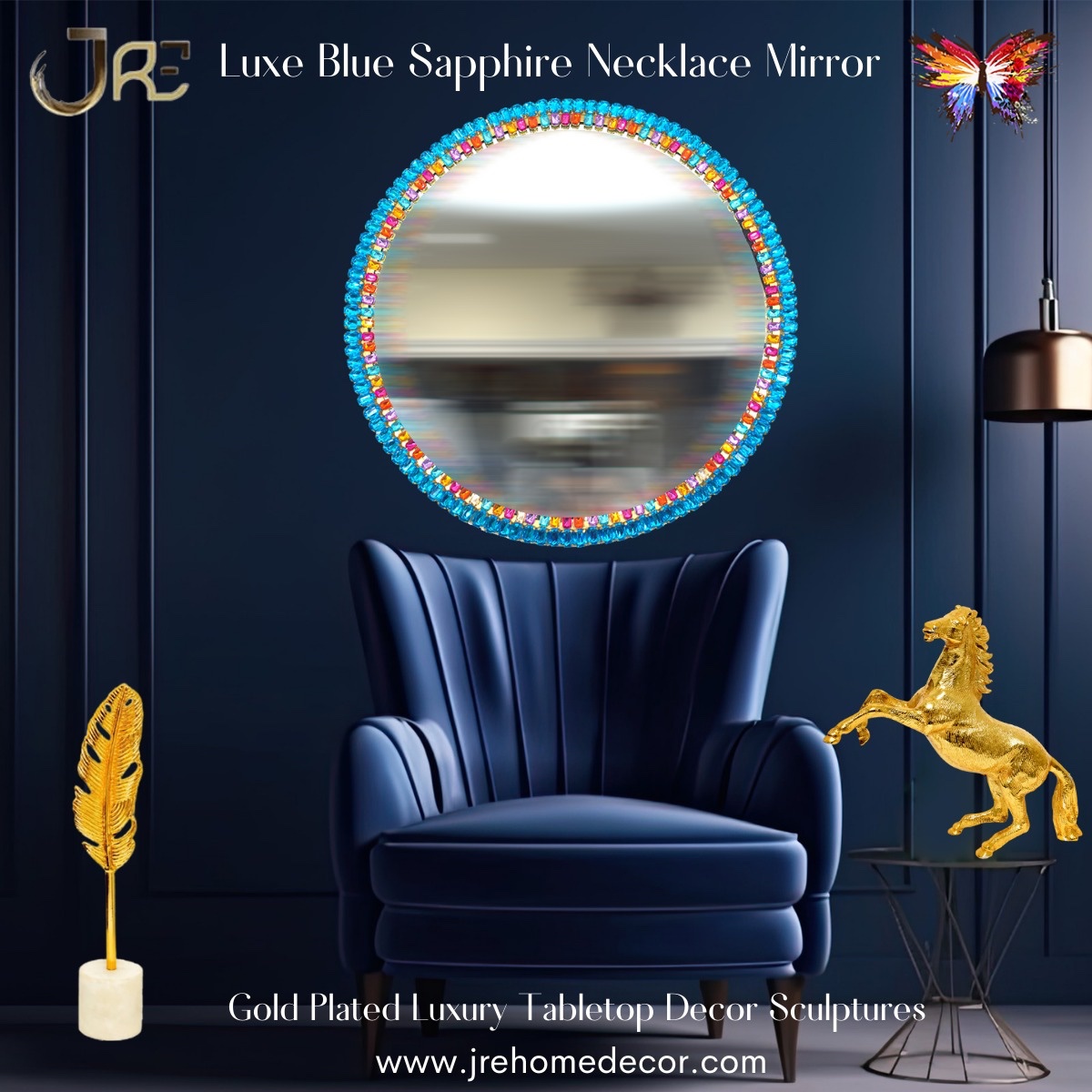 Luxury Exotic Unique Handmade Blue Sapphire Necklace Mirror Luxury Gold Plated Tabletop Decor Sculptures for Living Room Foyer Fireplace Mantel, Office, Hotels #luxurydesignermirror #crystalmirror #bluemirror #luxuryvanitymirror #luxurywallmirror #goldtabletopdecor #goldsculpture