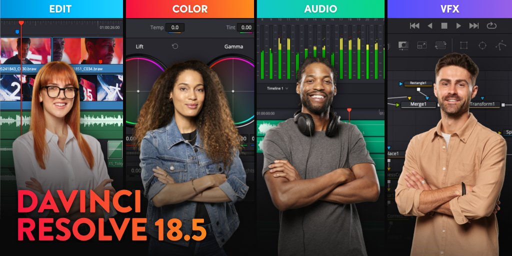 DaVinci Resolve 18.5 final release now available. Massive update with over 100 new features including text based editing, AI dialogue transcription, new cut page editing toolset and new Fairlight mix automation. We’d like to thank all of the beta testers. bmd.link/Uo4TP9
