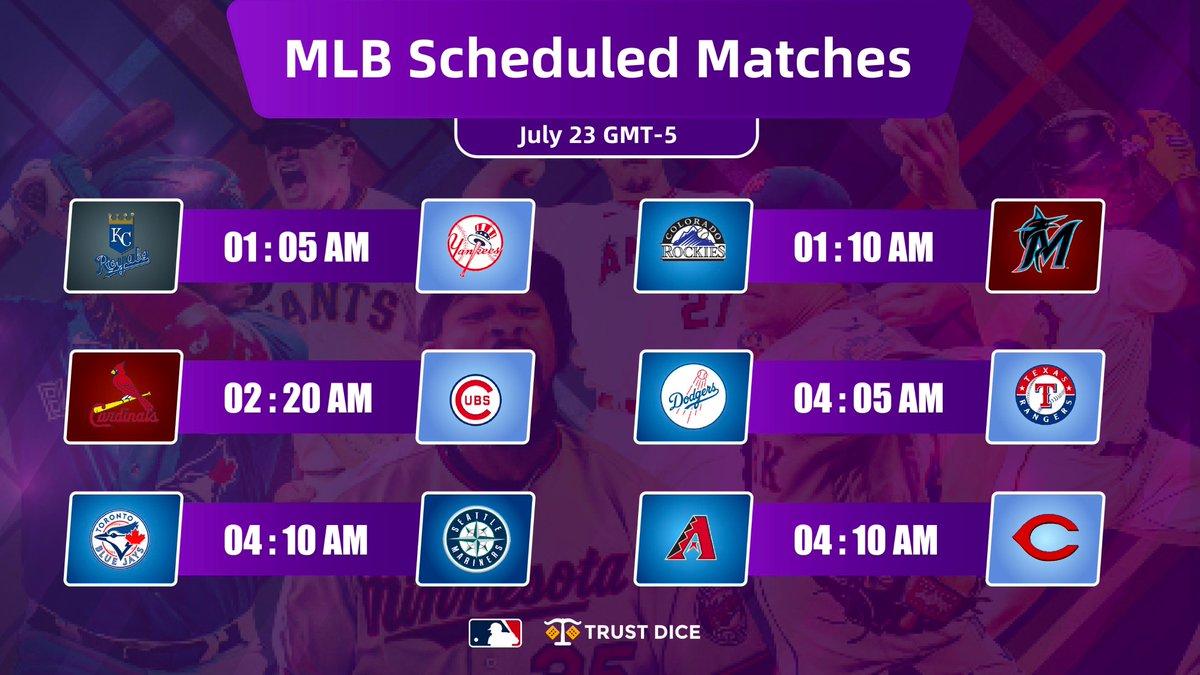 TrustDice's tweet photo. π₯ It's a double-header day in #MLB! βΎοΈ
π Catch all the baseball excitement on July 23rd as teams clash for supremacy.
π Set your alarms, mark your calendars, and get ready for an epic day of America's favorite pastime! π https://t.co/fBtkgvNuGP
#MLBMatches #BaseballAction https://t.co/aZ6vWkCkTW