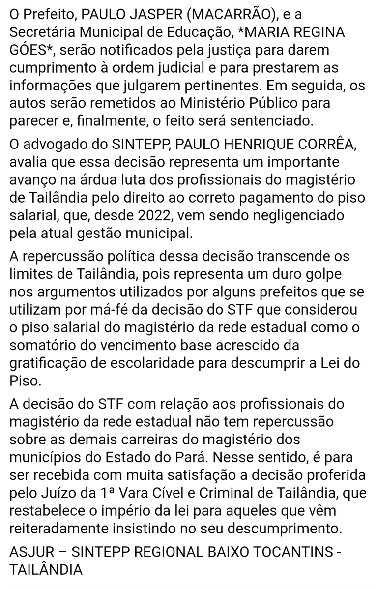 sintepp123's tweet photo. Estamos no caminho certo!
Justiça determinada que o prefeito de Tailândia-PA pague o reajuste do piso do magistério de 2023. 
A vitória é certa 🤝🏼 https://t.co/uhZs4XszI8