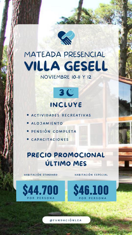 💪 MATEADA PRESENCIAL EN VILLA GESELL 

🧉 10-11 y 12 de Noviembre

🧉3 días en Parque Bonito 

NO TE LO PIERDAS!! 🫶

Mas información al 11-2829-9990. Lee los detalles en👇🏻

instagram.com/p/CuUiUl1OS7Q/…