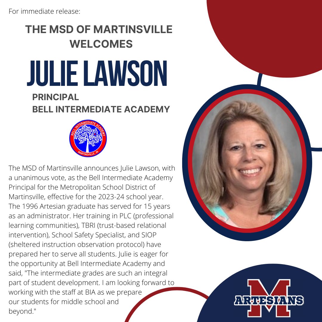 MSDMartinsville's tweet photo. The MSD of Martinsville welcomes Mrs. Julie Lawson, as principal at Bell Intermediate Academy. https://t.co/oScYwC8PMo