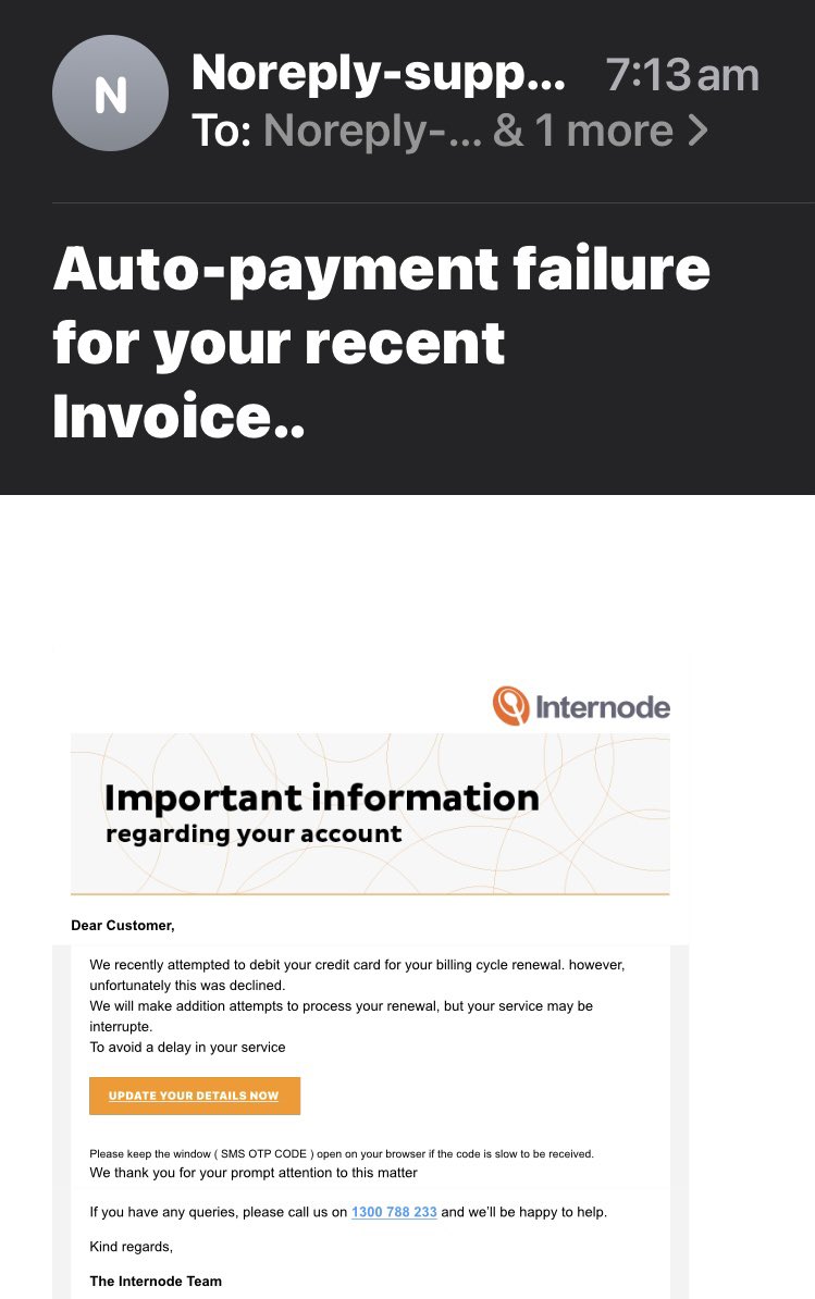 smitchie83's tweet photo. @Internode think you might have a scammer on your hands! I always pay my account in advance. https://t.co/NhwkJFv1yQ