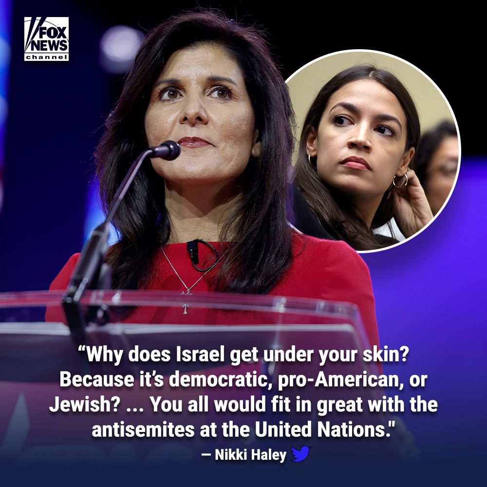 FoxNews's tweet photo. Nikki Haley fires back at the far-left "Squad" after AOC doubles down on calling Israel an "apartheid" state. https://t.co/1hRgixXHzP https://t.co/7buTRr87aV