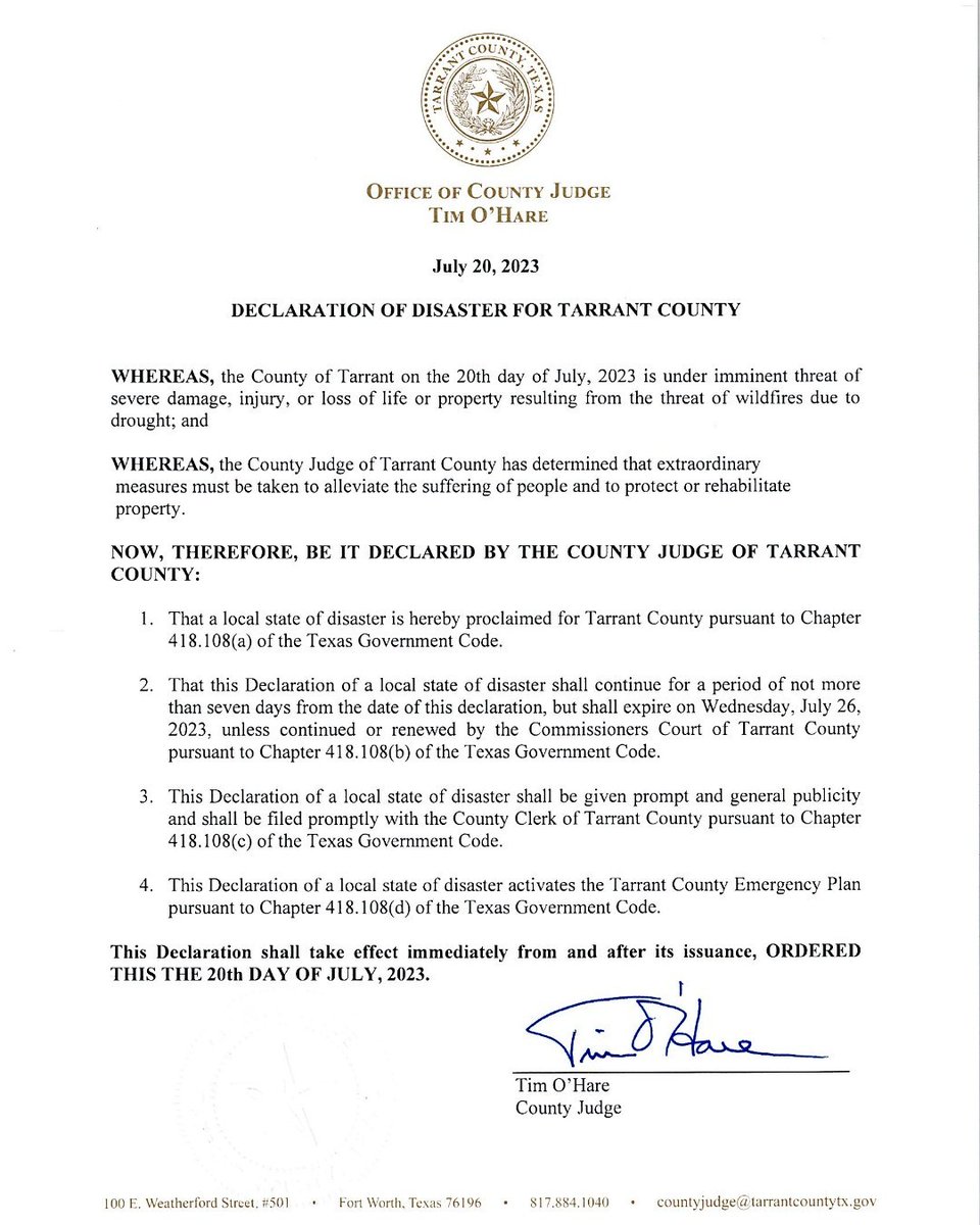 TarrantCountyTX's tweet photo. In order to protect the lives and properties of Tarrant residents due to extreme wildfire conditions, Tarrant County Judge @TimothyOHare has issued a Disaster Declaration for the County's unincorporated areas.

https://t.co/3z0ZXXw8DN

#tarrantcounty #tx #wildfires https://t.co/uIiFNax8fu