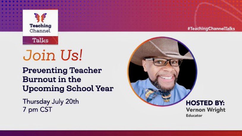 thewrightleader's tweet image. In less than one hour at 7pm cst, we’re going to be talking about Preventing Teacher Burnout! We’ll see you there!
@TeachingChannel #TeachingChannelTalks #formativeassessment #formativechat #pblchat #personalizedlearning #schoolculture #sel #elearning #lifelonglearning #pln #k12