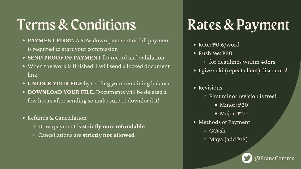 FransComms's tweet image. Fran&apos;s Comms at your service!

Receive GREAT works at AFFORDABLE rates💚

Drop a DM for more details.