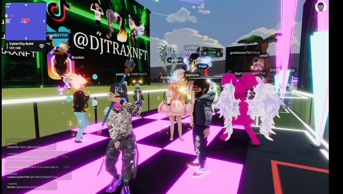 Called an audible, we are at the @DJTRAXNFT Build for the party tonight! tg for #CyberCity neighbors <3 Coordinates (136, 130), just down the literal street from the Library :)