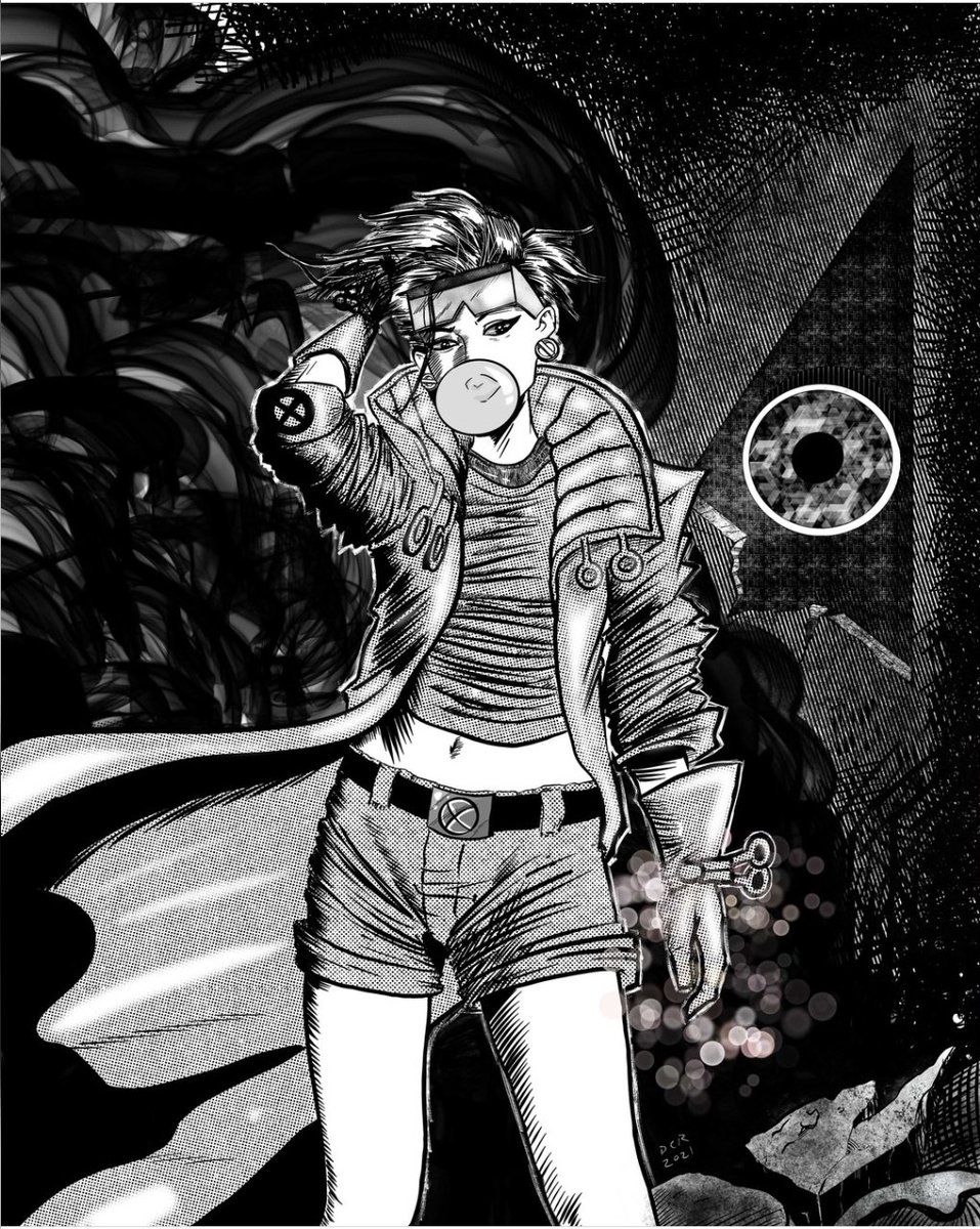 drawingwithdave's tweet photo. I can't decide, so here's a '90s Jubilee with a felled Sentinel #Xmen https://t.co/Jm46Sc1XXT