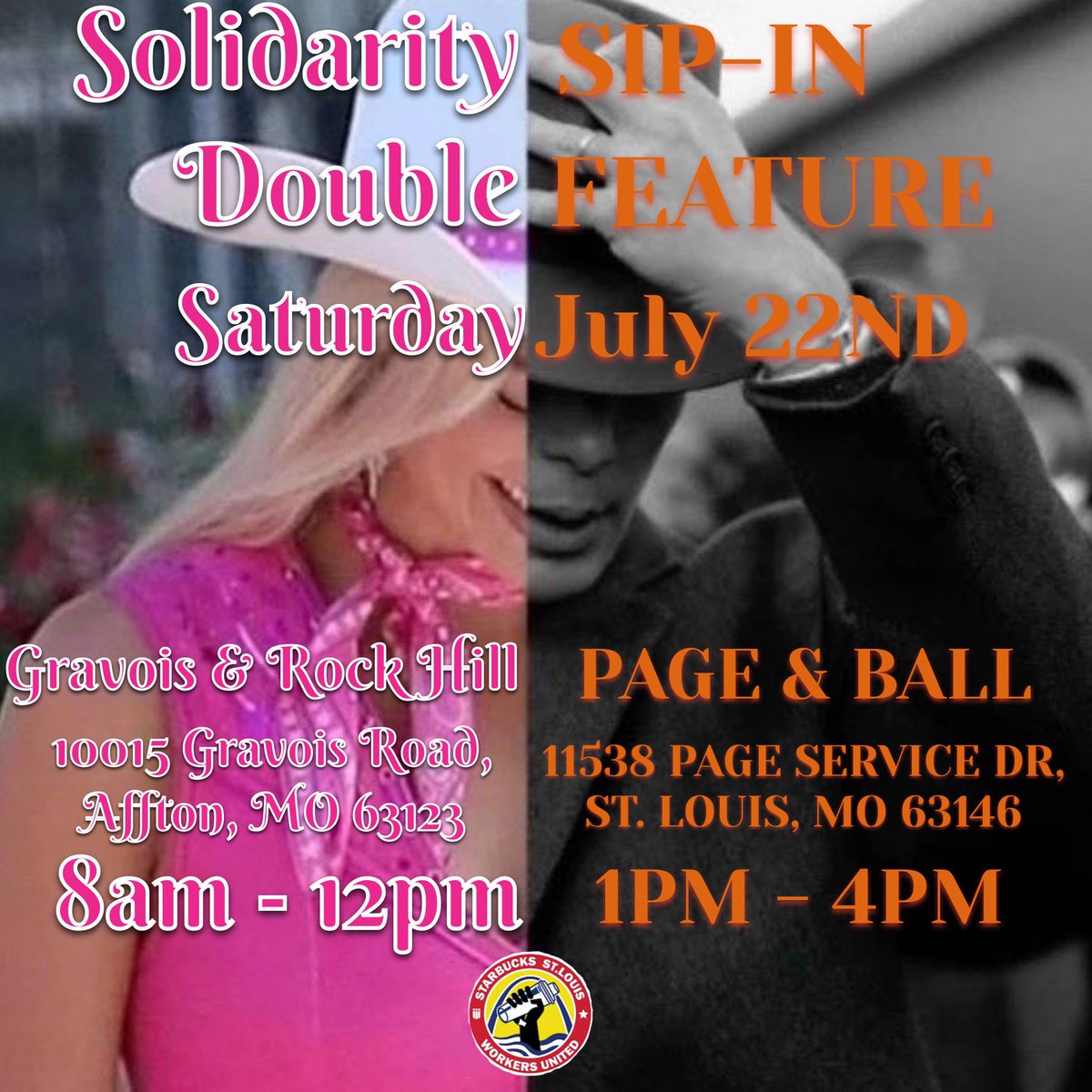 come on barbies, let’s go party 👯‍♀️
join us on saturday for not one, but TWO sip-ins happening back to back! stop by and order your drink “union strong” and support the baristas as they  prepare for their upcoming elections!