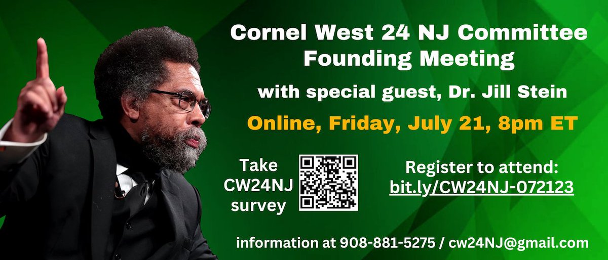 Join the NJ uprising for Cornel West!  
#AbolishPoverty #HealthCareNotWarfare #StopCopCity  #Decarcerate #AbolishStudentDebt #Housing4All #ClimateEmergency #PeopleOverProfit #ItsInOurHands