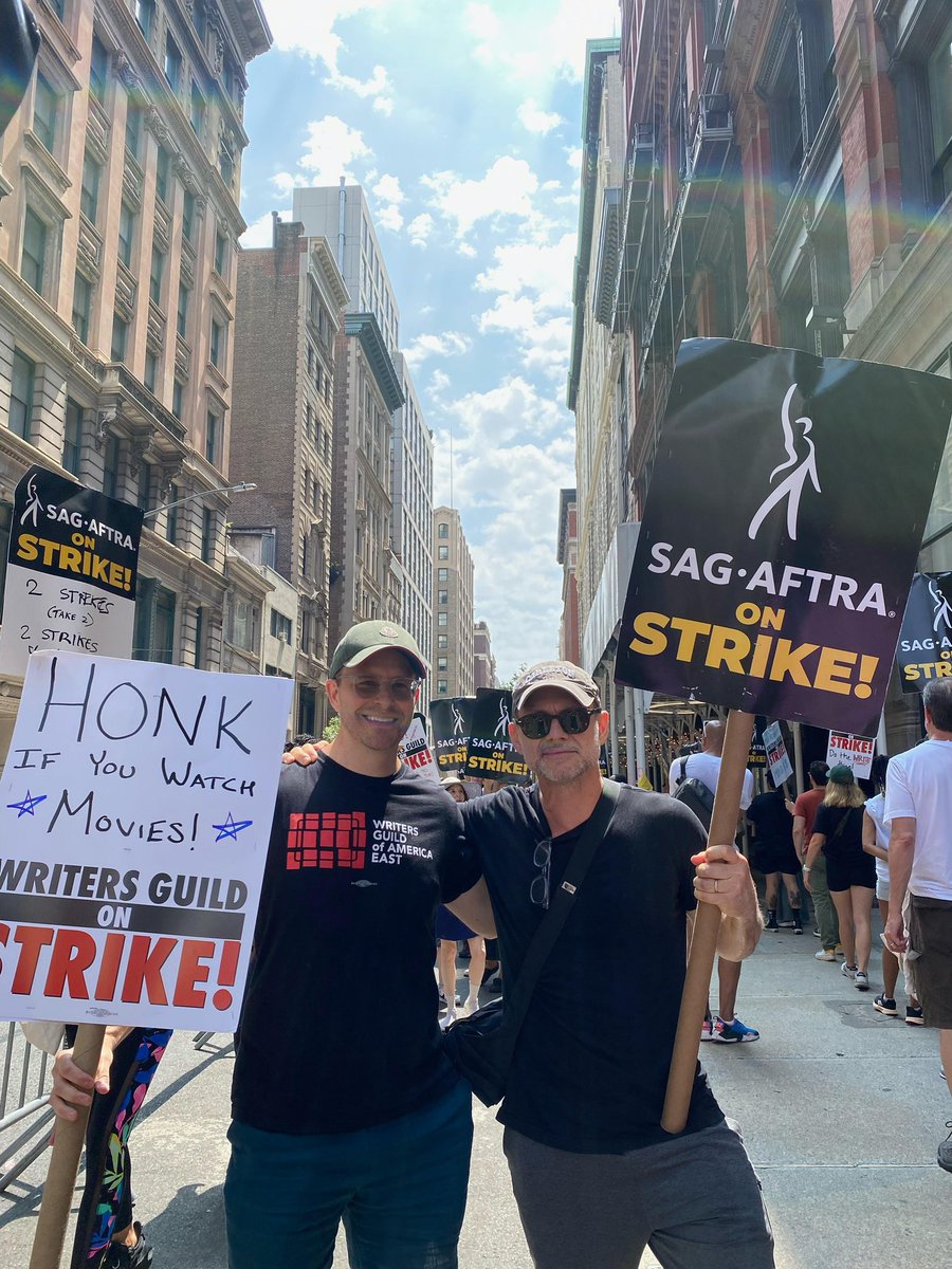sagaftra's tweet photo. That's why NY #sagaftramembers are showing their solidarity on the #SAGAFTRAstrike and #WGAstrike picket lines. https://t.co/Yu6AYTOPWG