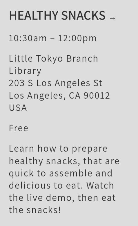 EventsVeg's tweet photo. Free #vegan #workshop:
HEALTHY SNACKS!
Join Dr. @Acooba Scott
SAT JULY 22, 10:30AM
Little Tokyo Branch Library 
203 S Los Angeles Street
#LosAngeles CA 90012 (USA)

#LA #cookingclass #cooking #veganevents #recipe #recipes #plantbased #wfpb #veganrecipes

https://t.co/TBdlgQMP9M https://t.co/2MfL1GZdUa
