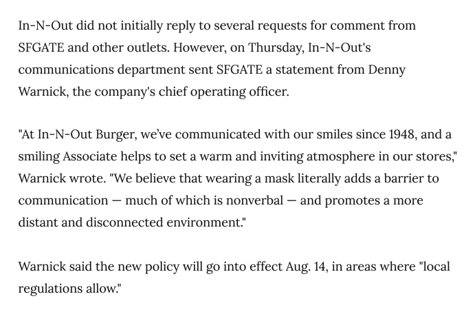 In-N-Out finally released a statement about their discriminatory mask ban policy. They are doubling down on valuing "smile" over the health and safety of their employees and their families. Shame.

sfgate.com/politics/artic…