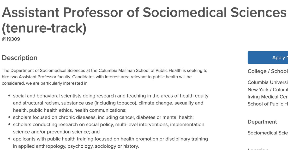 Dr. Rachel Shelton (@drrachelshelton) on Twitter photo Our department is seeking to hire up to two tenure-track Assistant Professors at <a href="/ColumbiaMSPH/">ColumbiaPublicHealth</a>! Application is open now & we will begin review Oct 1. Details about position & Department of Sociomedical Sciences can be found here. Please spread the word: academic.careers.columbia.edu/#!/119309 Our department is seeking to hire up to two tenure-track Assistant Professors at <a href="/ColumbiaMSPH/">ColumbiaPublicHealth</a>! Application is open now & we will begin review Oct 1. Details about position & Department of Sociomedical Sciences can be found here. Please spread the word: academic.careers.columbia.edu/#!/119309