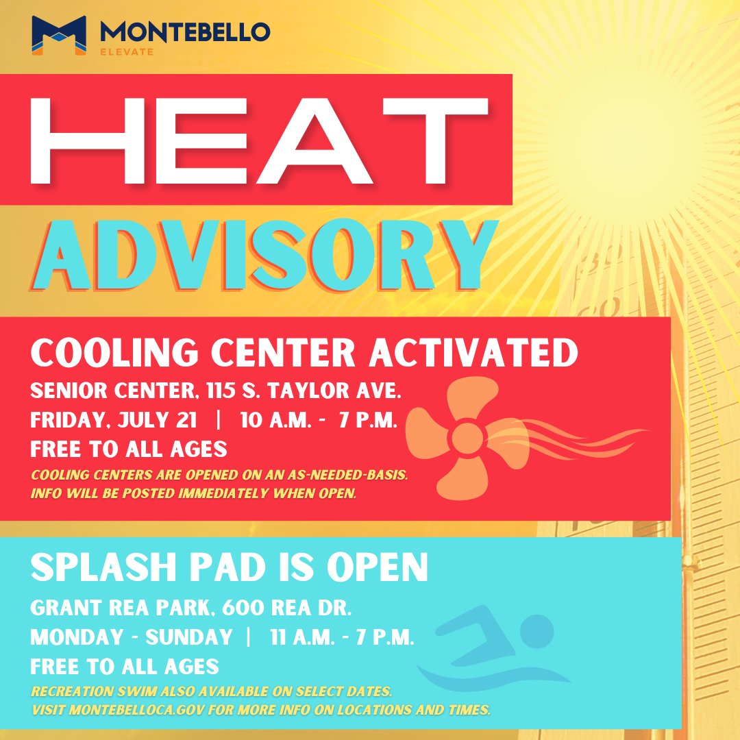 ❄️ Cooling Center activated! Stop by the Montebello Senior Center tomorrow (7/21) between the hours of 10:00 a.m. - 7:00 p.m. to beat the heat. ☀️