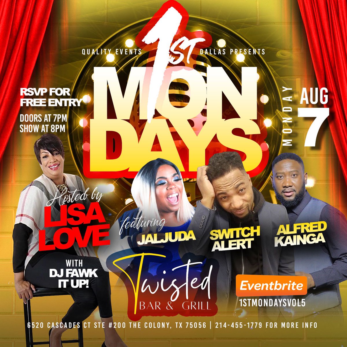 1st Mondays comedy show every 1st Monday of the month at Twisted Bar &amp; Grill 
No Cover just rsvp here: eventbrite.com/e/1st-monday-c…
