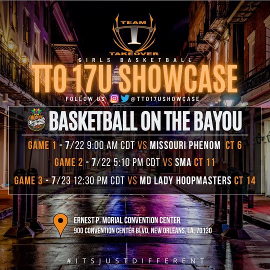 🚨🚨🚨Basketball On The Bayou schedule @tto17ushowcase <a href="/TeamTakeoverGBB/">TeamTakeoverGirlsBB</a> #TTO #TTOG
#ItsJustDifferent
