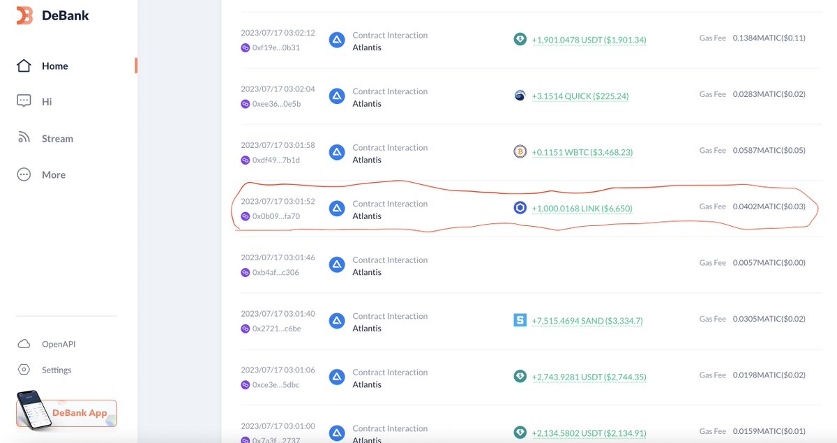 R0GU3L1NK's tweet photo. I guess my 1,000 $Link are gone due to Atlantis Loan hack via polygon 

Debank transaction photo attached

Transaction if anyone can help would be amazing: https://t.co/fR0tuGEeGF

This was my life savings and now have next to nothing

#Chainlink

@ChainLinkGod 
@chainlink team? https://t.co/dO5qwbNkMa