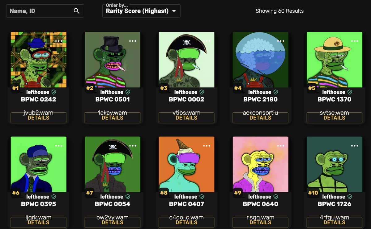 LeftHouseRecord's tweet photo. The Bored Pepe Wax Club Rarity Ranks have been popping up and #1 is looking wild on @nfthiveio 

#BPWC Drop link:
https://t.co/mxayyf4cYK

#PEPENFTs #PEPE #PEPEonWAX #WAXPFP #PEPEPFP #CRYPTO #NFTs #KEK https://t.co/uyvJOiGDsT