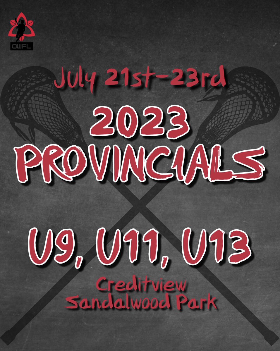🚨ITS PROVINCIALS🚨
⭐️Are you excited for the 2023 OWFL Provincials!? 

📍Creditview Sandalwood Park
👉🏻Follow along with the scores and standings through the OWFL website.

Let’s finish the season strong💪🏻. Good luck to everyone this weekend! 🥍🔥
#provincials #womenslacrosse