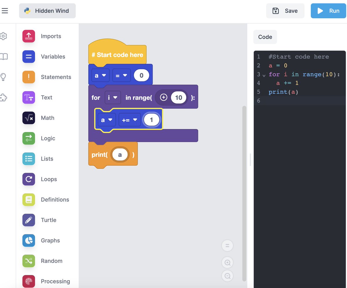 This is fun, its like Scratch but it also generates Python.  You can edit the code on the side and run it (it won't update the Scratch part when you do this, but it is still cool)

Seems like a nice way for kids to learn stuff, or at least worth trying as a teaching tool