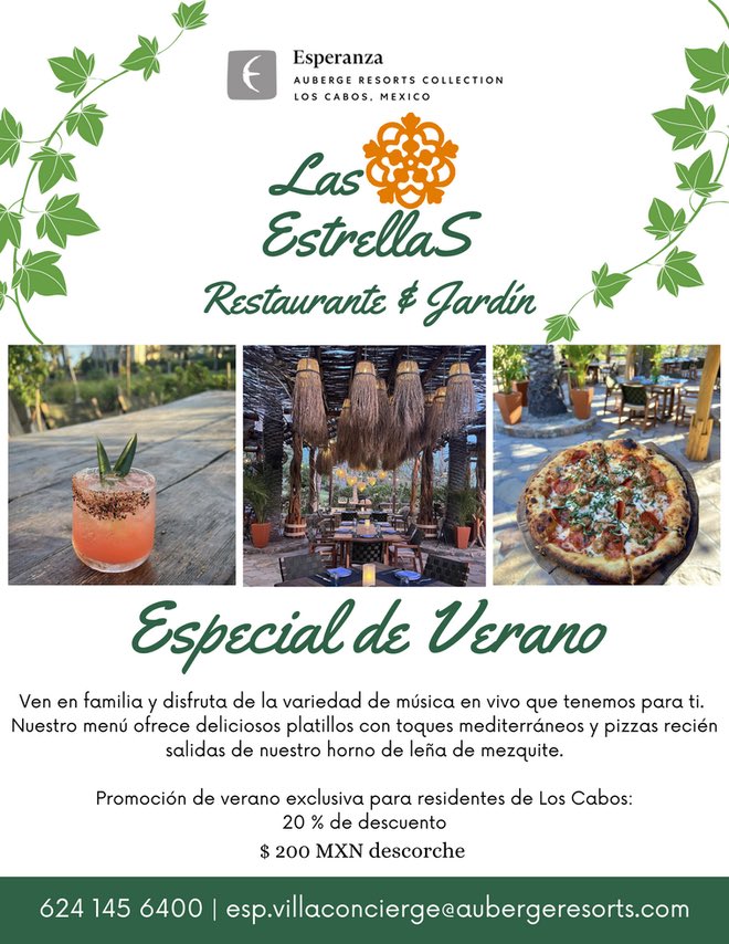 BajaMarketing's tweet photo. LAS ESTRELLAS Restaurante by Esperanza Resort / Especial de Verano: 20% de descuento en consumos y $200MXN por descorche 🌿#LosCabos https://t.co/Lh4lPLdqc7