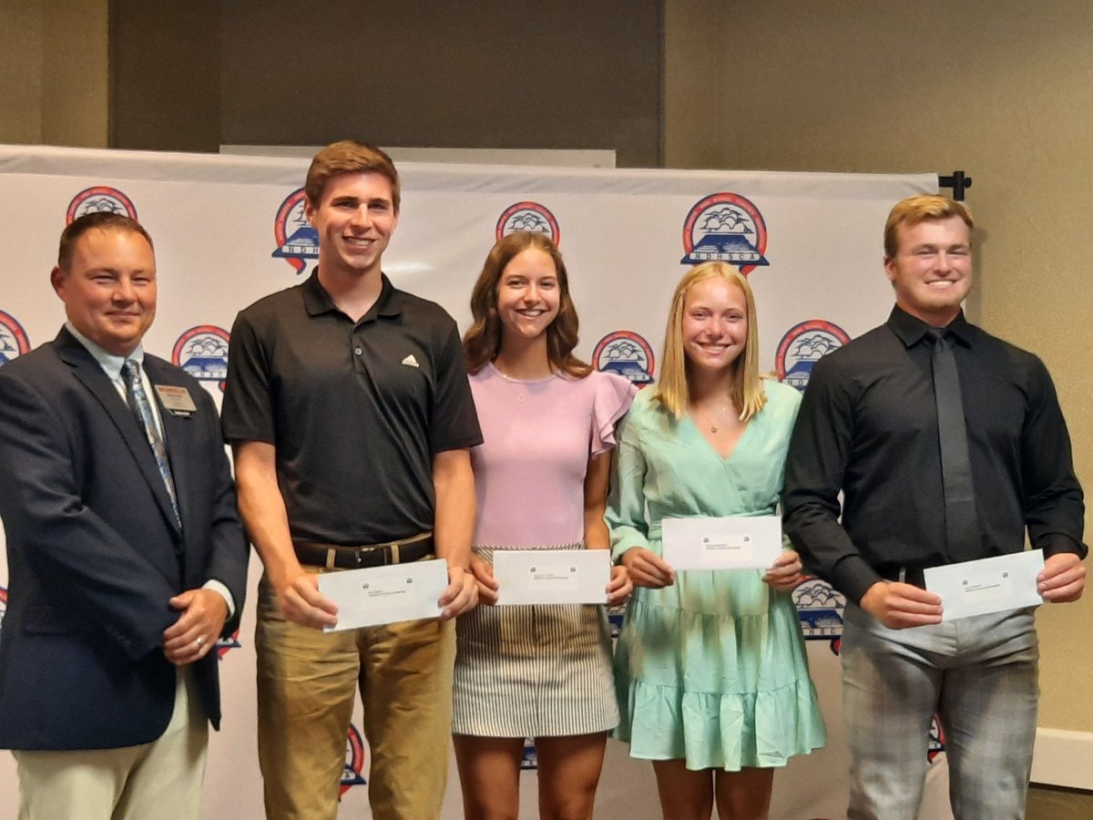 Congratulations to Kyle Sandy of Velva, Genevieve Gruba &amp; Rachel Bergstedt of Enderlin and Dylan Bartsch of Rugby recipients of the NDHSCA Scheels Scholarship. Presenting the award on the left is Wray Wright of Scheels.