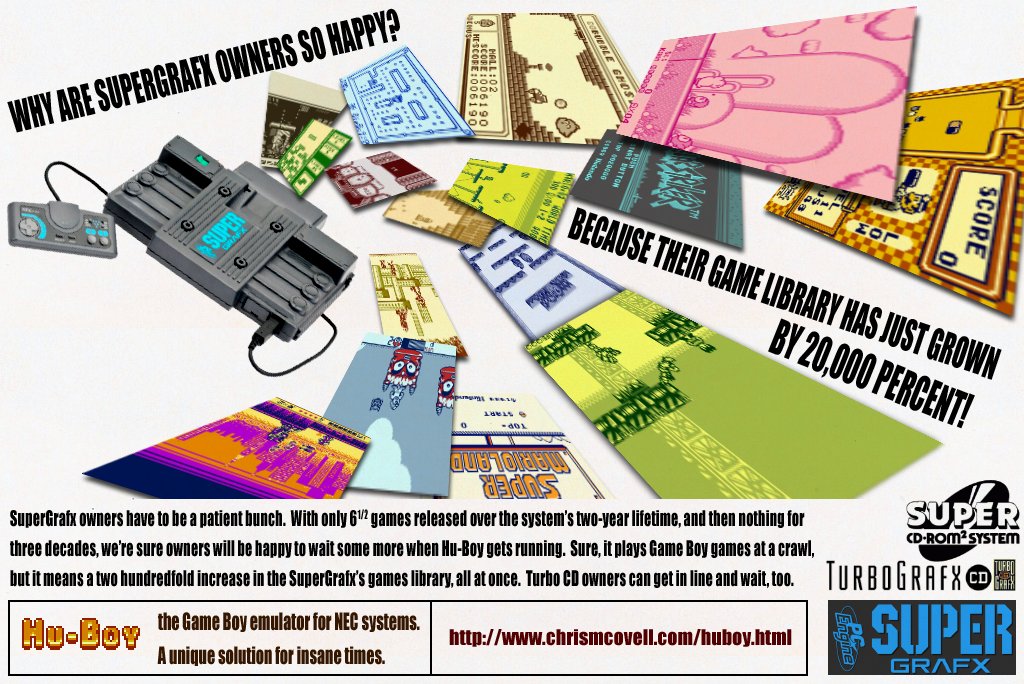 covell_chris's tweet photo. So I've, uh, created a Game Boy emulator for the PC-Engine CD / SuperGrafx!  Named Hu-Boy, here is a link for more info: https://t.co/eCB5HzevYQ
And for fun, I've made a joke 90s-style magazine ad for my emulator :-D https://t.co/G7VqYDk5HY