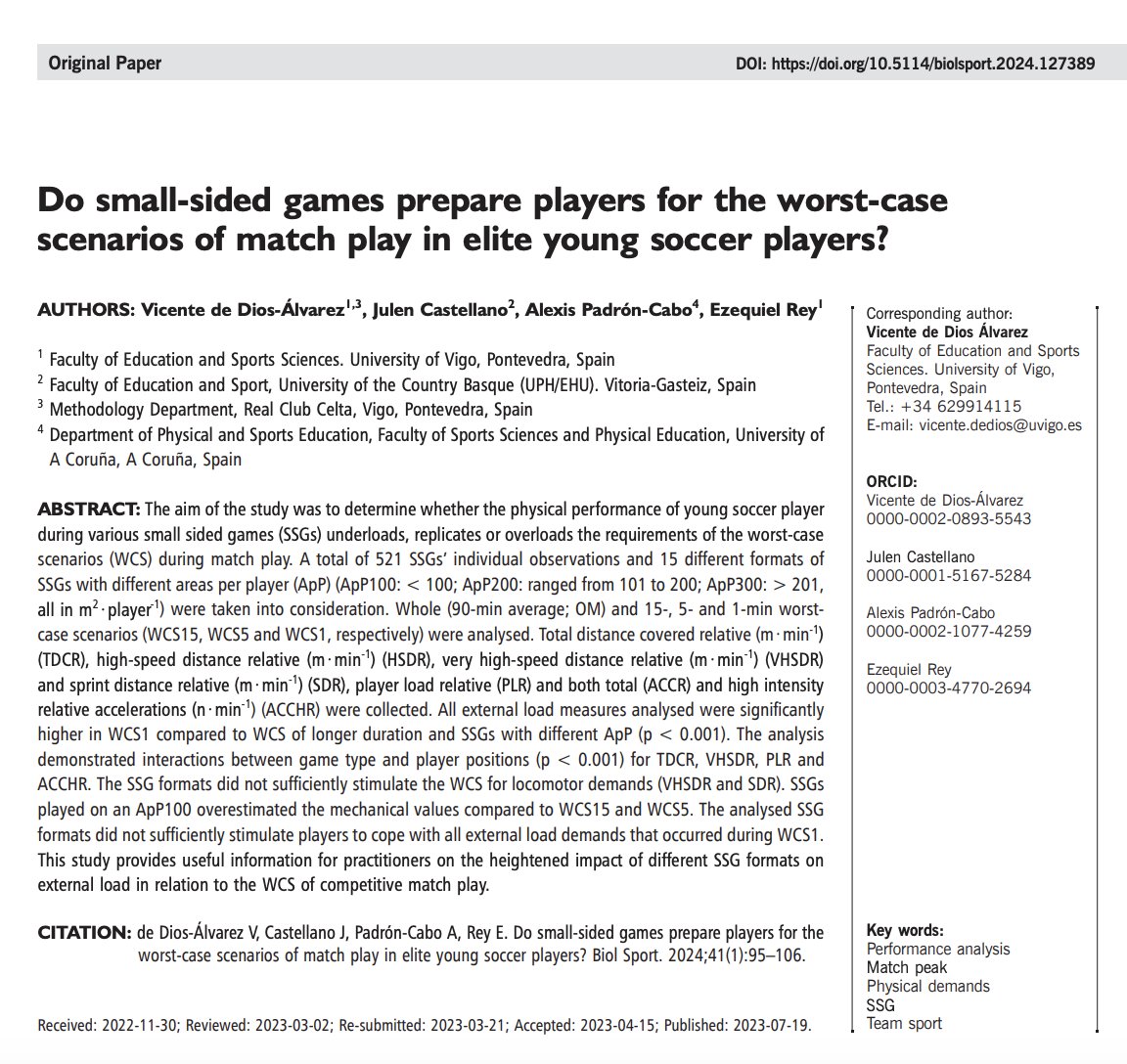 🆕 "Applicable info comparing SSG with the most demanding passage of match play in elite young soccer players"
👉 <a href="/deDiosAVicente/">Vicente de Dios</a> <a href="/julencastellano/">Julen</a> et al 2023
📂 Open Access:  termedia.pl/Do-small-sided…