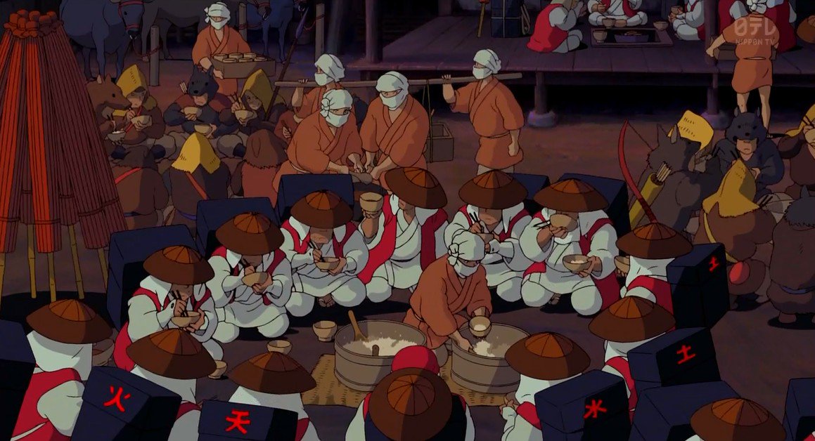 #もののけ姫 には牛飼、石火矢衆、地走り等の集団が登場するが、彼らはそれぞれ別々に食事をしている。
これは「穢れ」は火や食事を通して移るという思想から、被差別民とは焚き火も食事も別にするという、近代まで当たり前にあった典型的な差別の事例を踏まえた描写である。