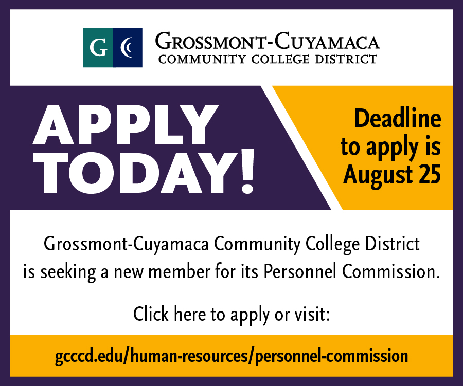 Interested in serving your community? We have a spot open on our Grossmont-Cuyamaca Community College District Personnel Commission. See below to apply or for more information. @GrossmontEDU @cuyamacacollege