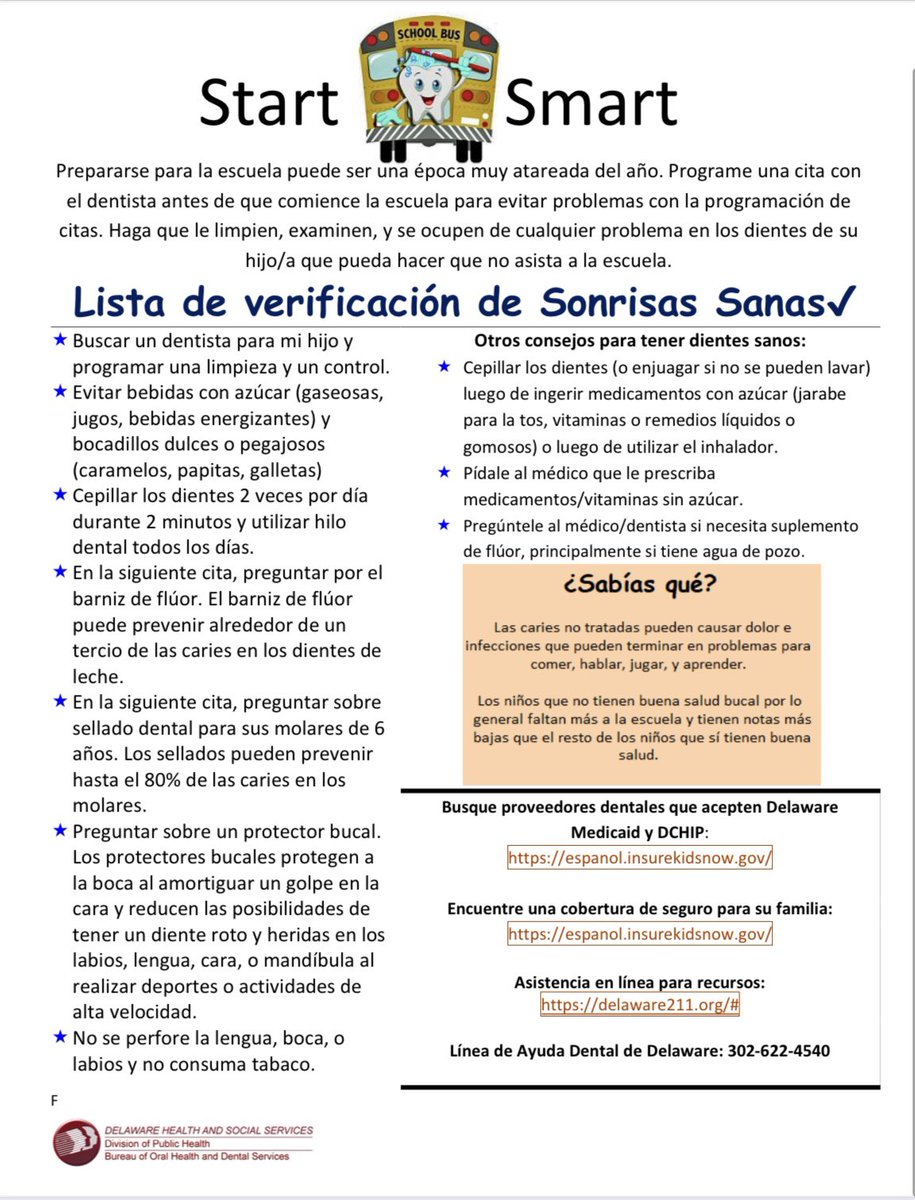 teacher_city's tweet photo. #StartSmiling 🦷 The Division of Public Health’s Bureau of Oral Health &amp; Dental Services(BOHDS) would like to share the attached flyer w/all caregivers.

#DelawareSmileCheckProgram

Tx @TeriLawler from @DEDeptofEd for sharing.♥️🦷Learn More: https://t.co/zipUQVJGXB
@Delaware_DHSS https://t.co/RPYDP78aOn