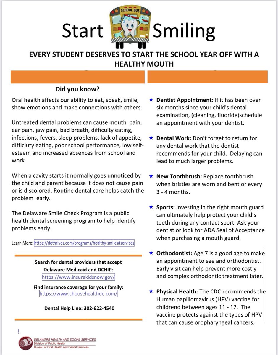 teacher_city's tweet photo. #StartSmiling 🦷 The Division of Public Health’s Bureau of Oral Health &amp; Dental Services(BOHDS) would like to share the attached flyer w/all caregivers.

#DelawareSmileCheckProgram

Tx @TeriLawler from @DEDeptofEd for sharing.♥️🦷Learn More: https://t.co/zipUQVJGXB
@Delaware_DHSS https://t.co/RPYDP78aOn