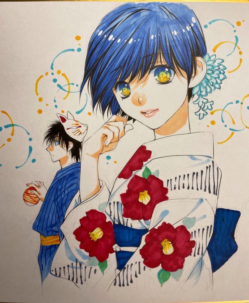 1girl japanese clothes 1boy kimono blue hair mask flower  illustration images