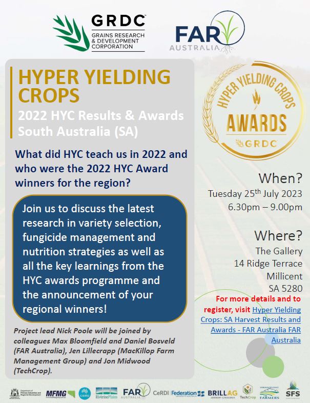 Don't forget to join us on Tuesday in Millicent, SA to talk  #hyperyieldingcrops; what did 2022 teach us, and how did the season compare with previous years? Also find out which growers took out the <a href="/theGRDC/">GRDC</a>'s 2022 #hyperyieldingcrops awards. faraustralia.com.au/archives/event…